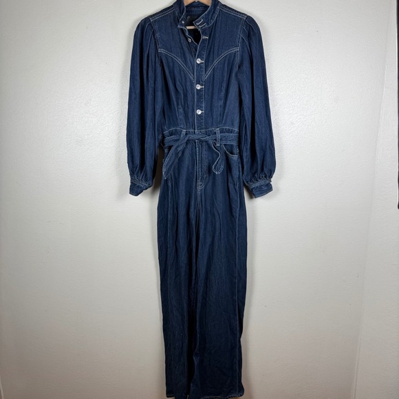 7 For All Mankind Pants - 7 For All Mankind Denim Jumpsuit XS Dark Wash Puff Sleeve Wide Leg Blue